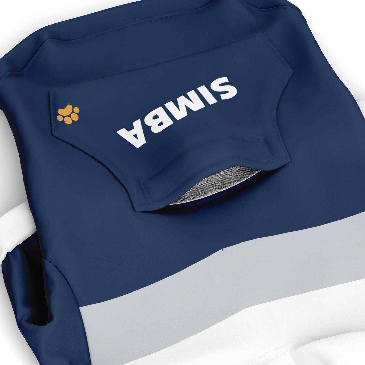 Back view of blue dog hoodie with customizable design and name