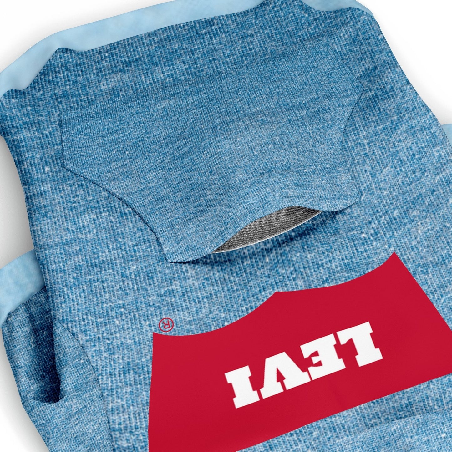 Back view of personalized Jeans dog hoodie with custom name