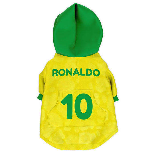 Back view personalized Brazil dog hoodie with custom name and number football jersey style