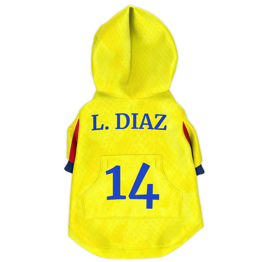 Back view personalized Colombia dog hoodie with custom name and number football jersey style