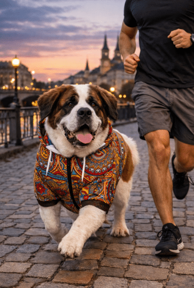 Small dog wearing personalized Mantra dog hoodie outdoors, cozy and stylish custom dog clothing