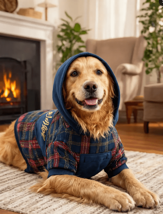 Dog wearing personalized Plaid Blue Dog Hoodie outdoors, stylish and cozy dog clothing