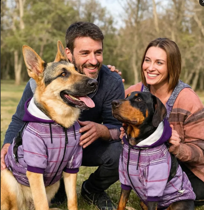 dog wearing personalized hoodie in purple plaid